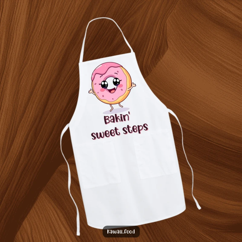 Funny apron showing a cheerful donut character with eyes dancing with glee, perfect for kitchen fun.