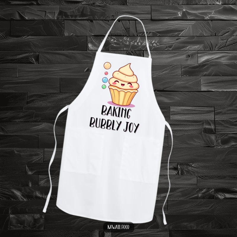 Funny apron showing a delighted cupcake blowing colorful bubbles, ideal for kitchen fun and sweet creations.