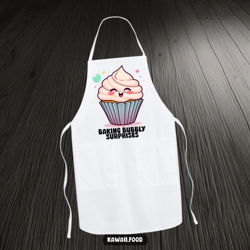 Funny cupcake apron, delighted character blowing colorful bubbles, a charming and humorous addition to any kitchen ensemble.