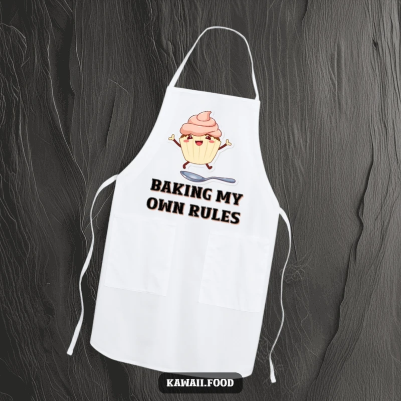 Funny cheerful cupcake with legs leaping over a tiny spoon on a cooking apron, adding a playful touch to baking.