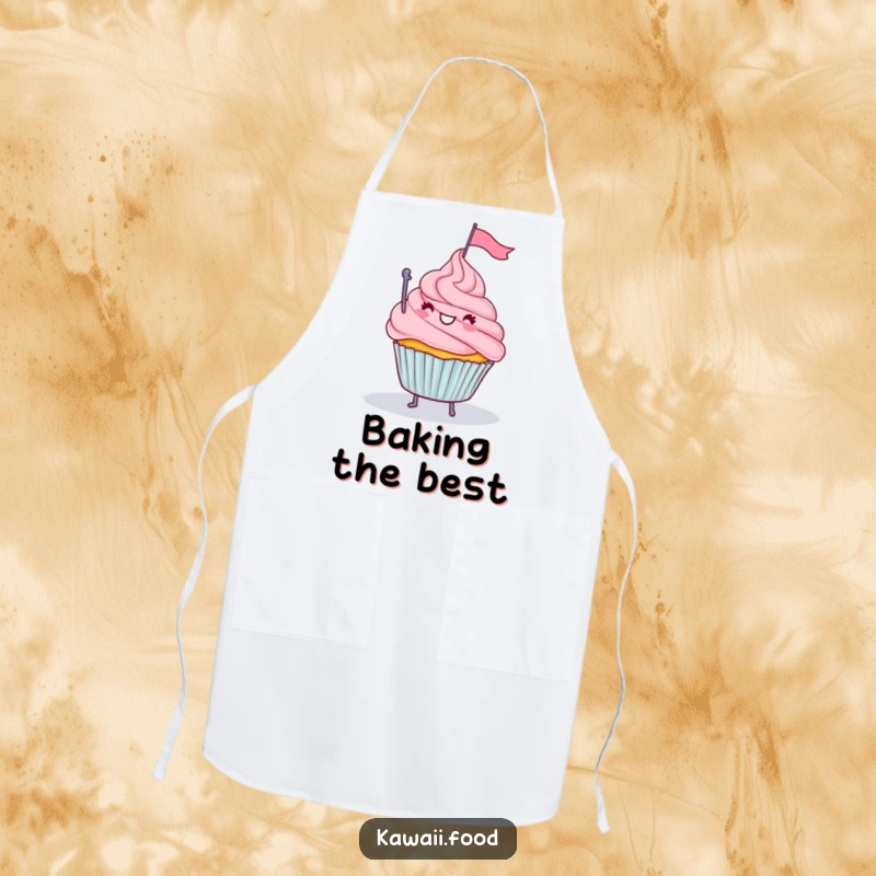 Funny apron showing a happy cupcake with legs waving a tiny flag from a frosting mountain, ideal for adding humor to baking.