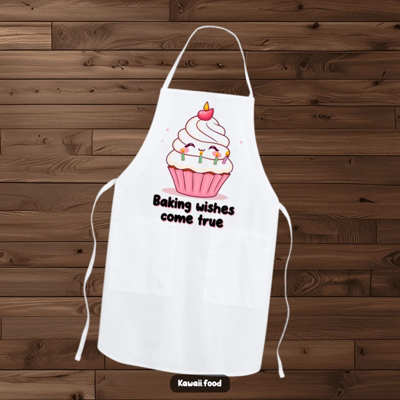 Funny Apron with a happy cupcake character exhaling miniature birthday candles, ideal for adding cheer to cooking and baking.