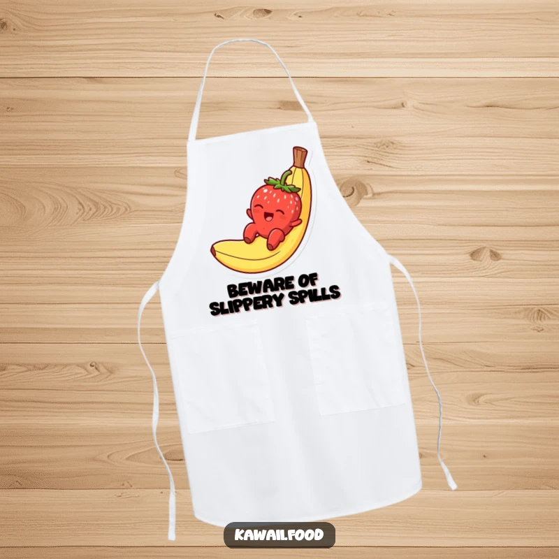 Funny apron of a smiling strawberry character gleefully sliding down a banana peel, perfect for a fun cooking session.