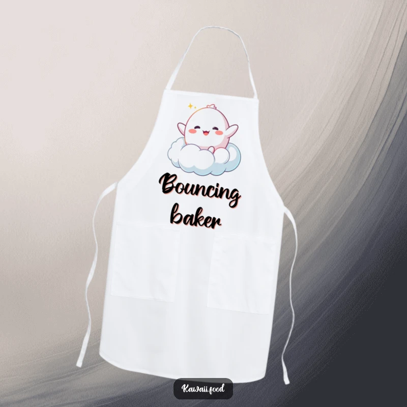 Funny Mochi Cloud Apron: A happy mochi character bouncing enthusiastically on a fluffy cloud, perfect for sweet and fun baking.