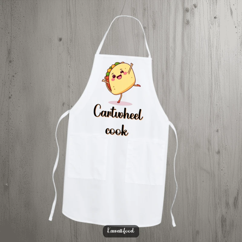 Funny apron depicting a happy taco character performing a cartwheel, ideal for kitchen fun and messes.