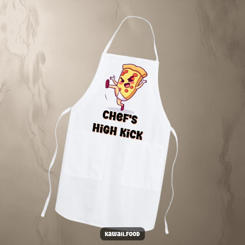 Funny apron featuring a pizza slice character doing a high kick, designed for cooking fun and adding a dynamic, humorous touch.
