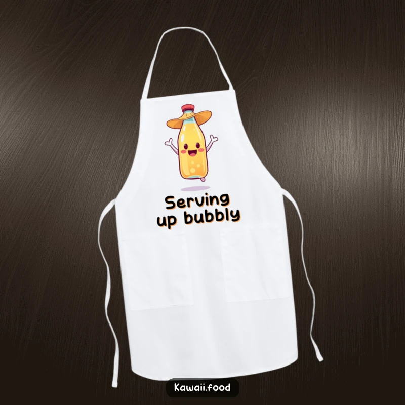 Funny soda bottle character with a straw hat, doing a celebratory jump, printed on a kitchen apron for culinary fun.