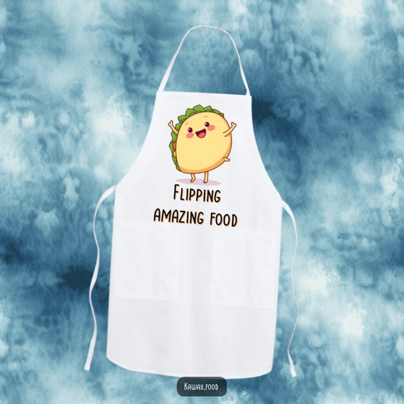 Funny apron featuring a happy taco with legs doing a cartwheel, perfect for adding fiesta fun to cooking.
