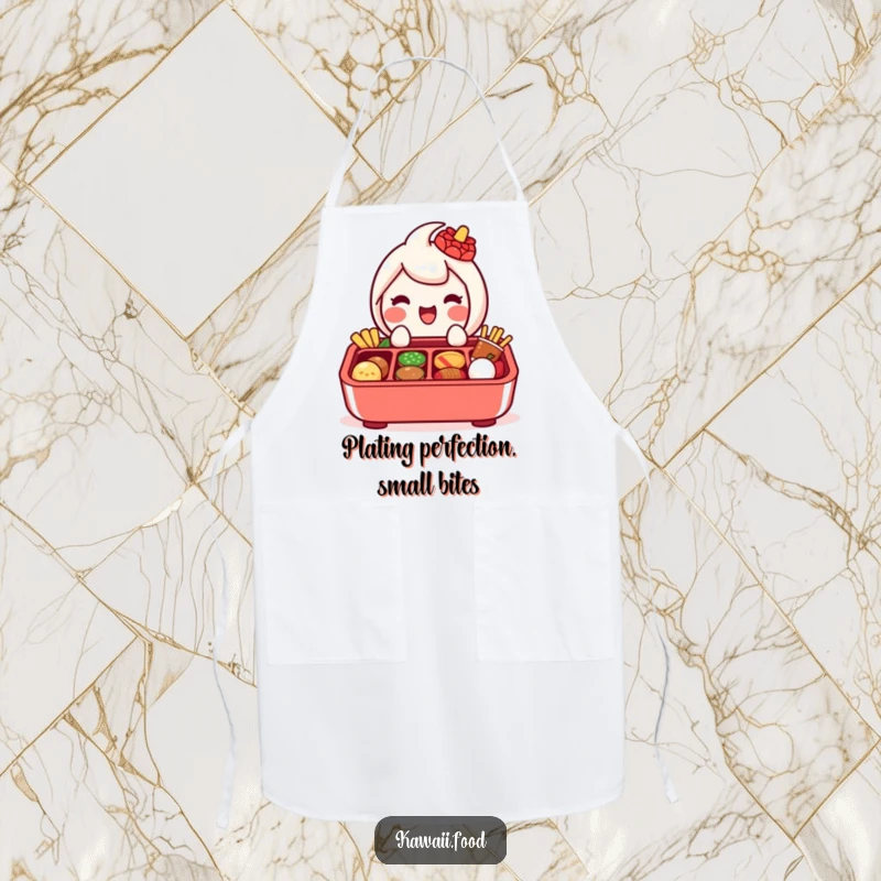 Funny apron showcasing a delighted bento box character with sections, happily presenting its miniature food contents.