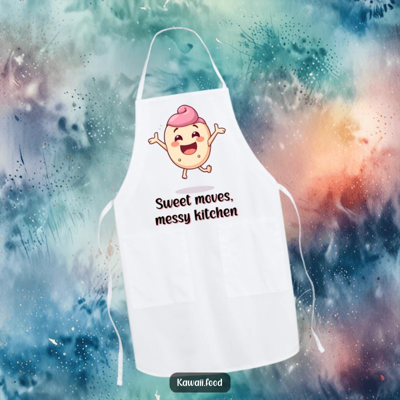 Funny apron displaying a delighted candy character comically bouncing with extreme enthusiasm, ready for kitchen adventures.
