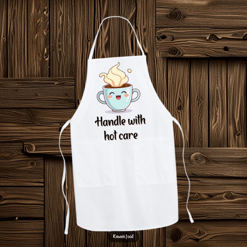 Funny apron displaying a cheerful coffee cup character comically overflowing with steam, ready for kitchen adventures.