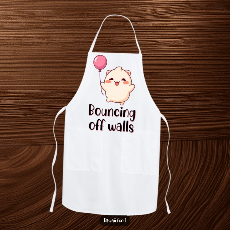 Funny apron featuring a happy dumpling playfully bouncing like a balloon, designed for kitchen fun and spreading cheerful vibes.
