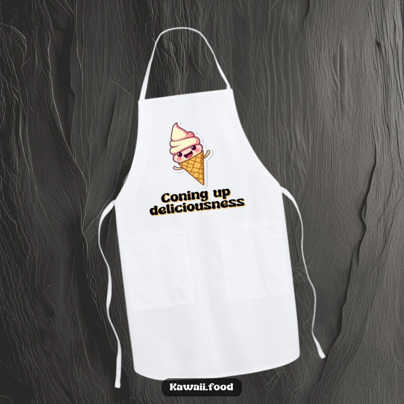 Funny kitchen apron with a cheerful ice cream cone character spinning happily. A sweet and functional accessory for baking.
