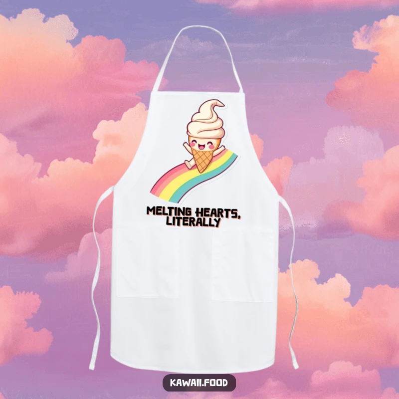 Funny Ice Cream Cone Apron apparel with a happy ice cream character gleefully sliding down a rainbow, a fun kitchen essential.