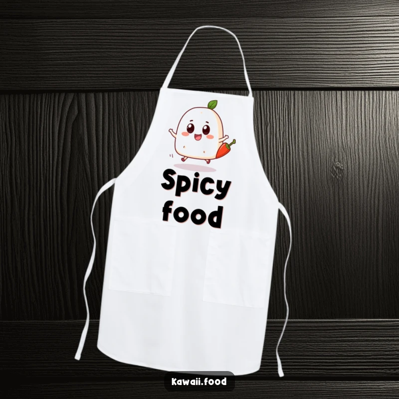 Funny Onigiri Skip Apron: A bouncing onigiri character with big eyes joyfully skipping with a chili pepper, perfect for fun and spicy cooking.