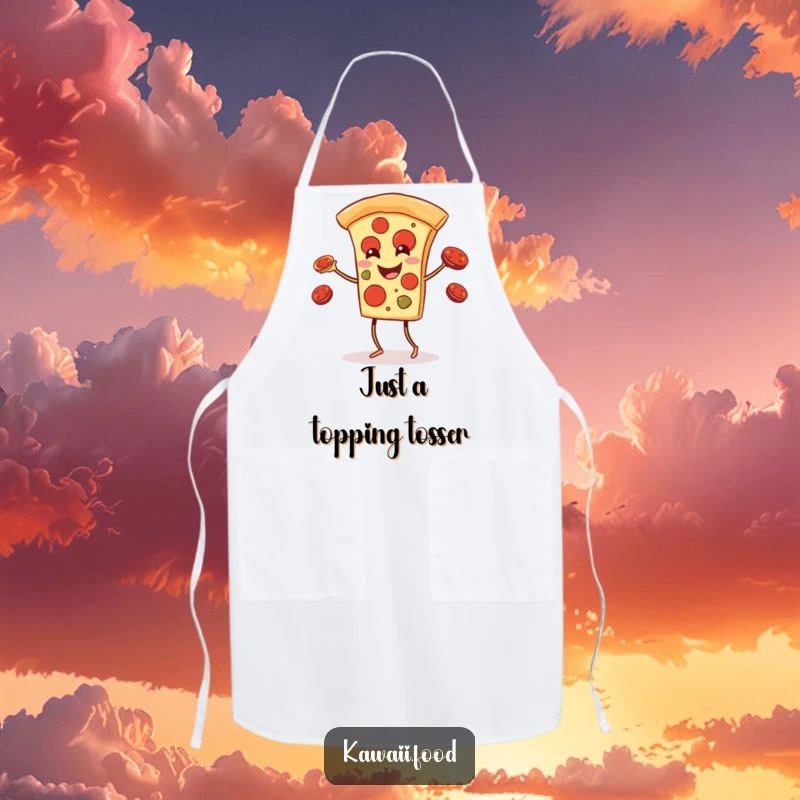 Funny pizza slice with legs juggling pepperoni toppings on a cooking apron, ideal for adding humor to kitchen activities.