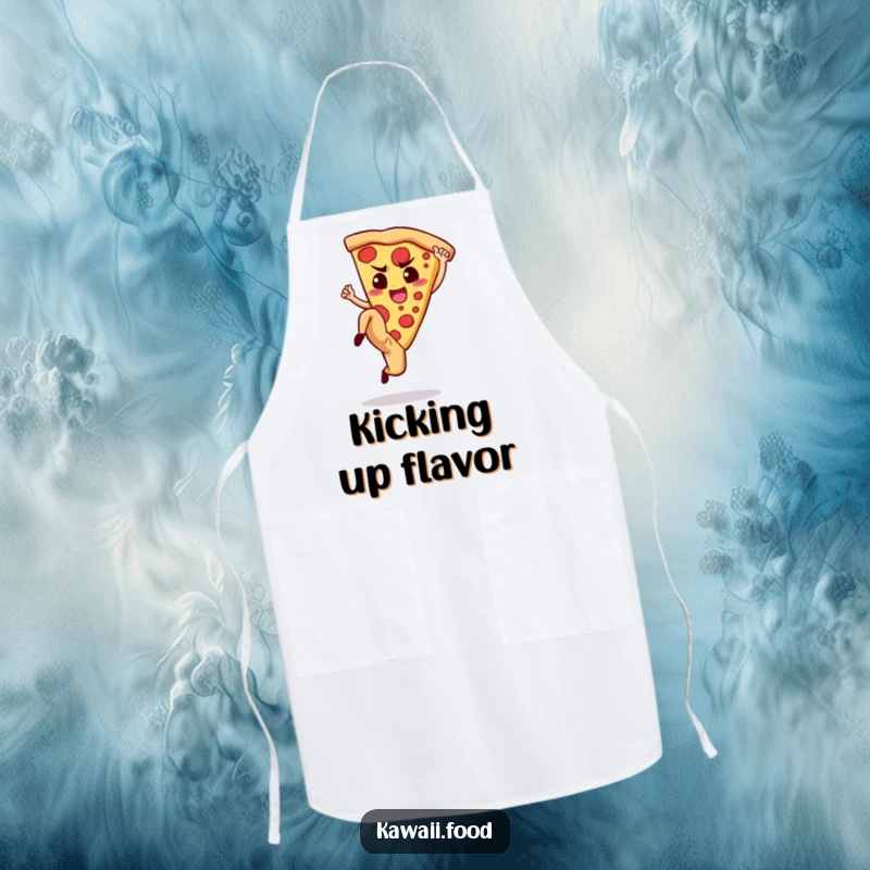 Funny Apron: Design of a determined pizza slice doing a high kick, great for cooks who love humor and action.