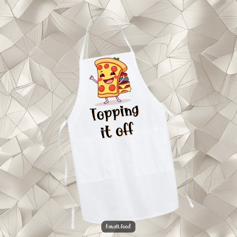 Funny grinning pizza slice character balancing toppings on an apron, perfect for kitchen balancing acts and enthusiastic cooking.