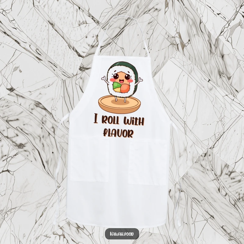 Funny sushi roll character with happy eyes energetically dancing on a small wooden plate, making this apron a humorous kitchen essential.