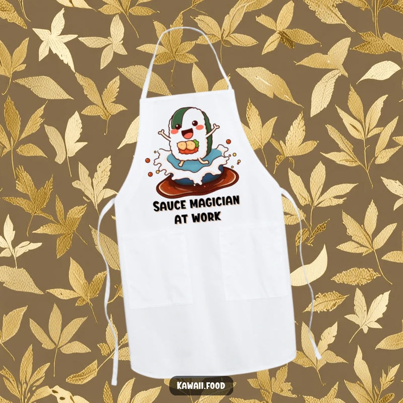 Funny apron showing a happy sushi roll with legs riding a wave of soy sauce, ideal for adding humor to cooking.