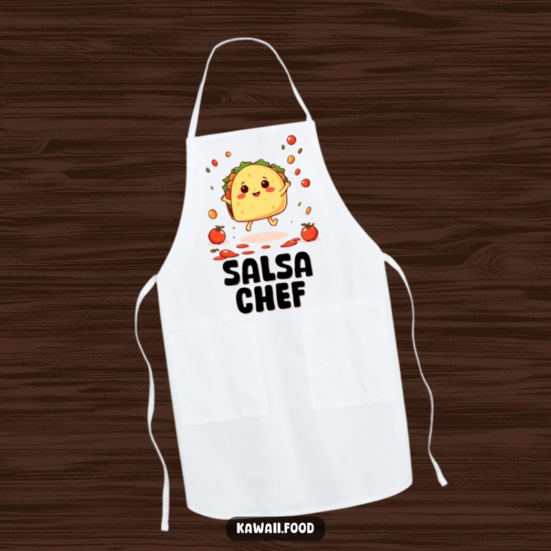 Funny Taco Hop Apron: A cheerful taco character with tiny feet doing a joyful hop amidst falling salsa, ideal for fun and festive cooking.
