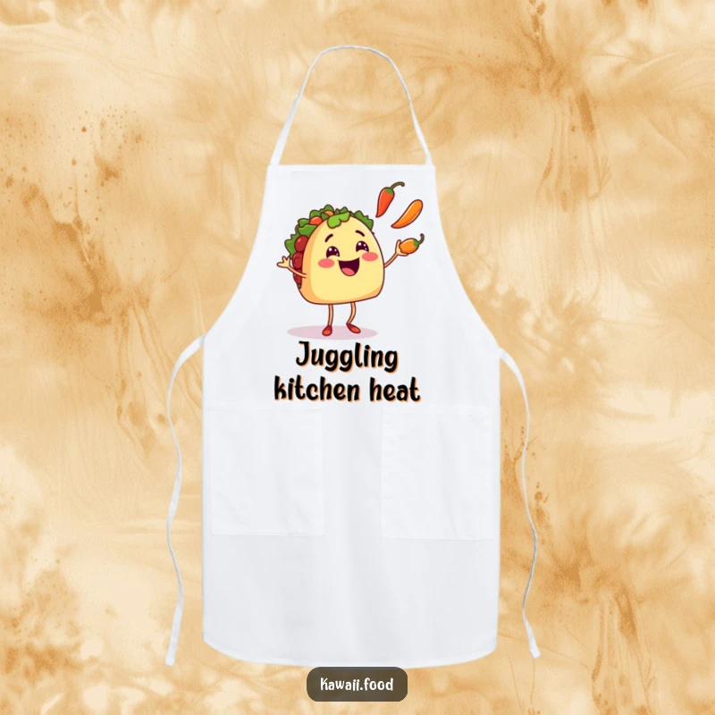 Funny smiling taco character with tiny legs excitedly juggling colorful chili peppers on this humorous and functional apron.