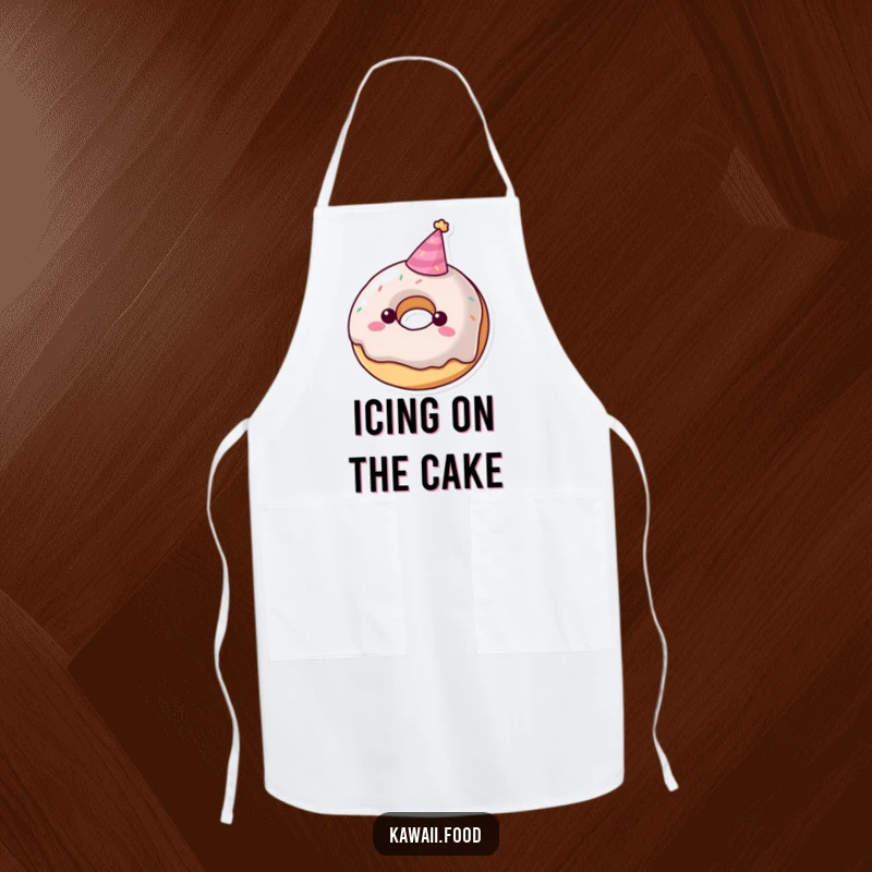 Funny donut character apron wearing a tiny party hat, sweet and festive kitchen attire, ideal funny gift.