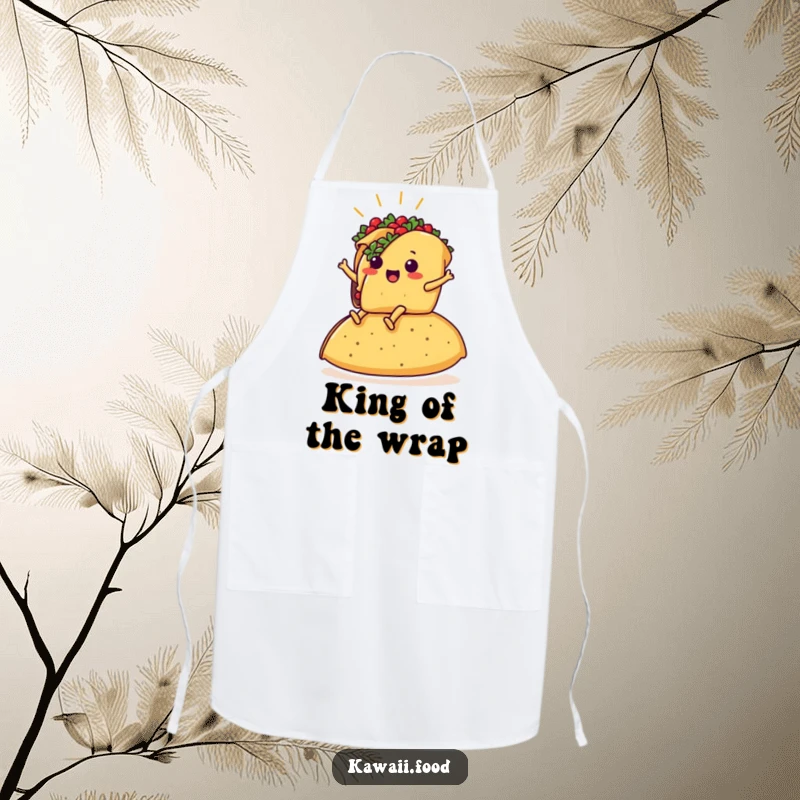 Funny apron showing a taco with legs proudly riding a giant tortilla, ideal for a hilarious cooking experience.