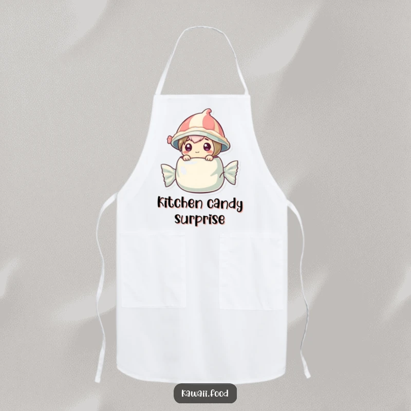 Funny apron showcasing a curious candy character wearing a tiny wrapper hat, popping out of a large wrapper.