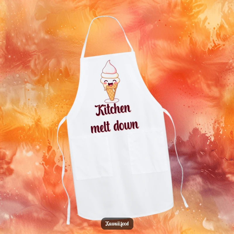 Funny apron showing a giggling ice cream cone melting and reforming, ideal for kitchen fun and sweet creations.