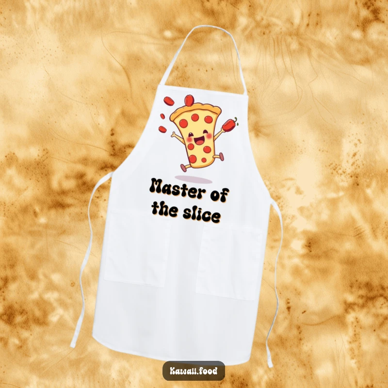 Funny pizza slice character doing a cartwheel with pepperonis flying, printed on a kitchen apron for culinary fun.