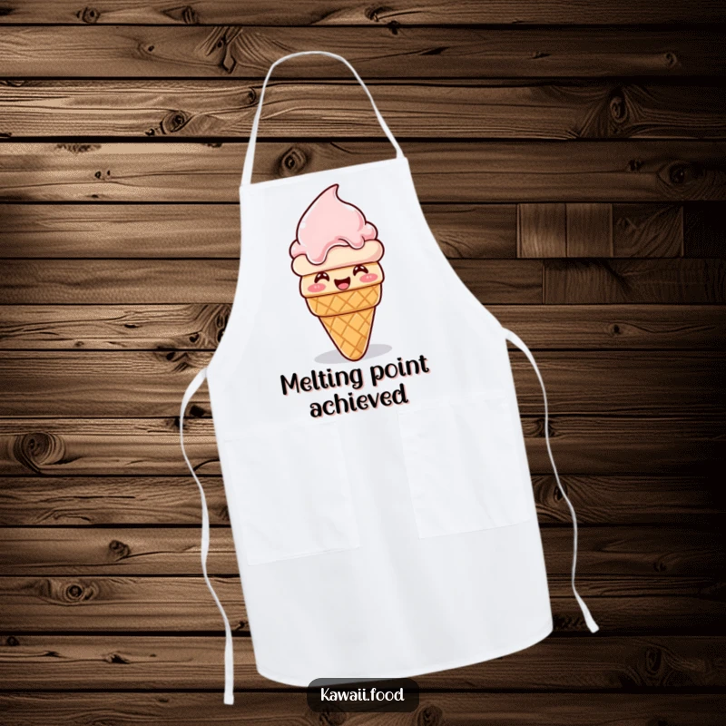 Funny ice cream cone apron, giggling and melting then reforming, a sweet and humorous character ready for kitchen adventures.