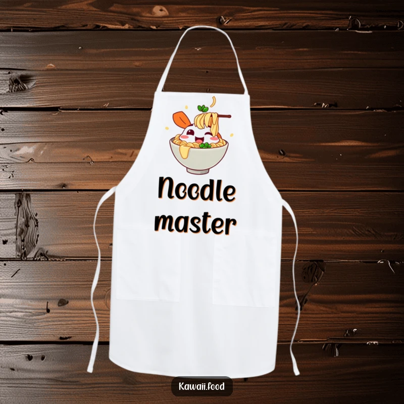 Funny cheerful ramen bowl character slurping imaginary noodles on an apron, perfect for kitchen slurps and enthusiastic cooking.