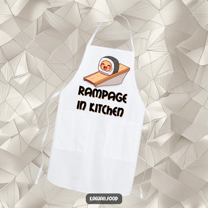 Funny apron showcasing a smiling sushi roll sliding down a ramp, adding humor to kitchen duties.