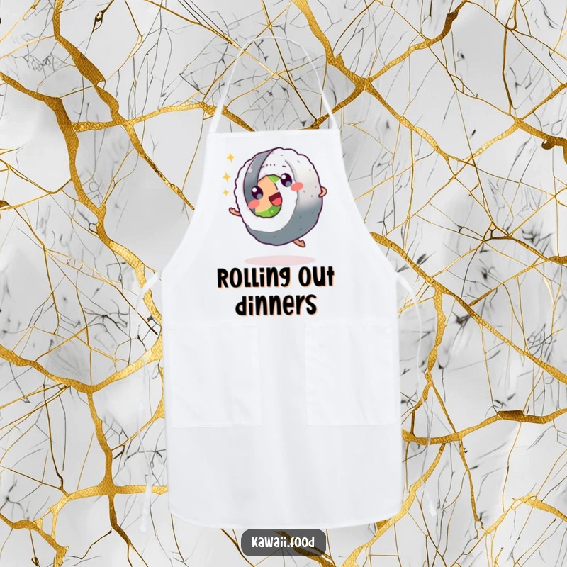 Funny sushi roll character doing a cartwheel with sparkling eyes on an apron, perfect for kitchen fun and enthusiastic cooking.