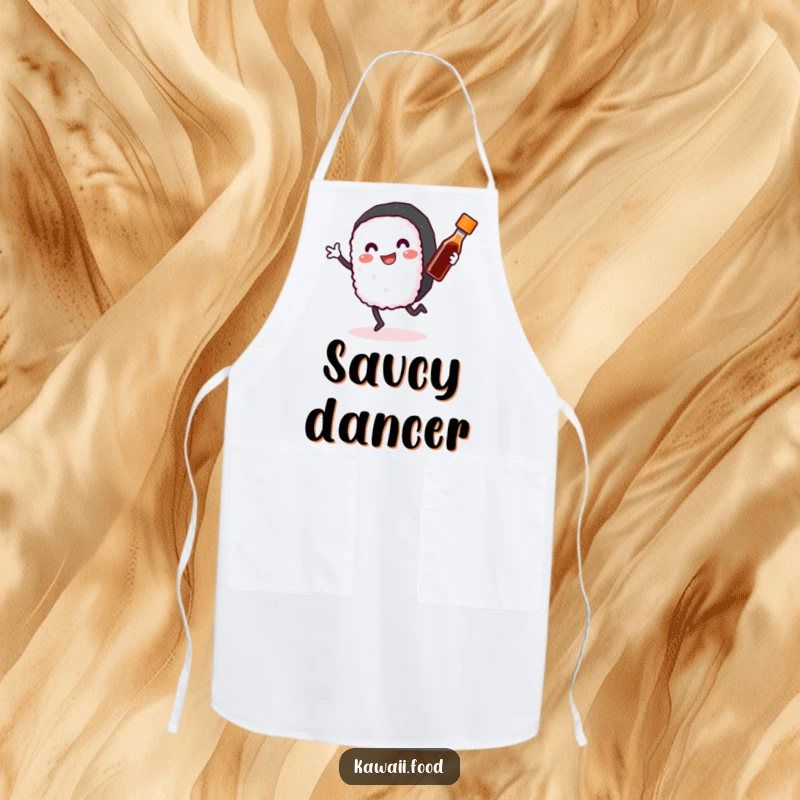 Funny Sushi Roll Apron: A smiling sushi roll with arms and legs dancing happily with a tiny soy sauce bottle, perfect for a fun cooking experience.