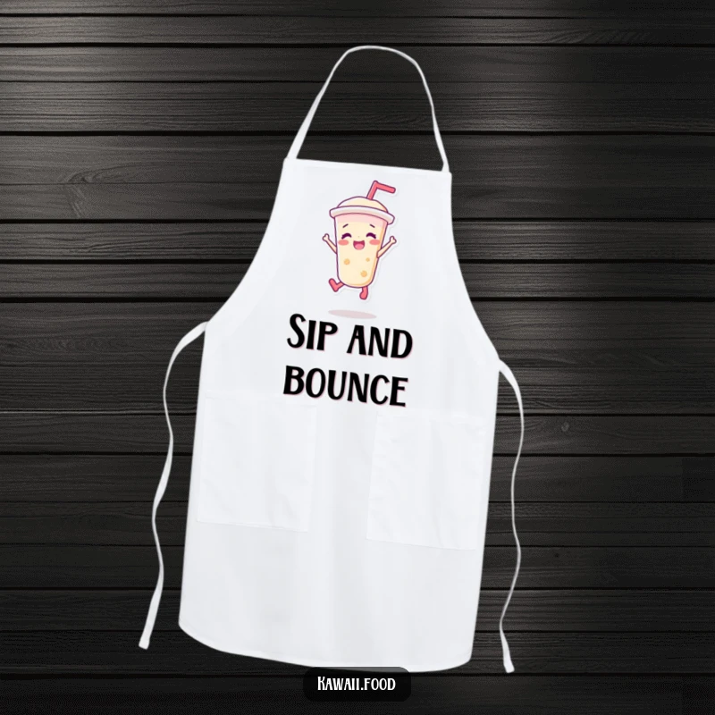 Funny apron showing a vibrant bubble tea character doing a joyful jump, ideal for adding humor to kitchen tasks and making a practical, funny gift.