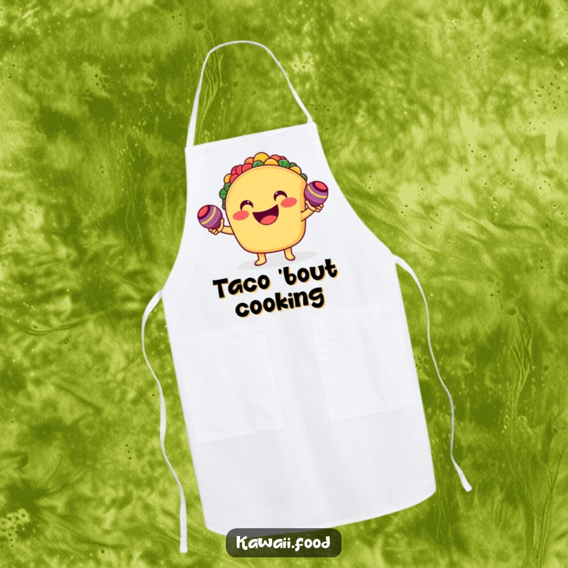 Funny smiling taco character enthusiastically shaking tiny maracas on an apron, perfect for kitchen fiestas and enthusiastic cooking.
