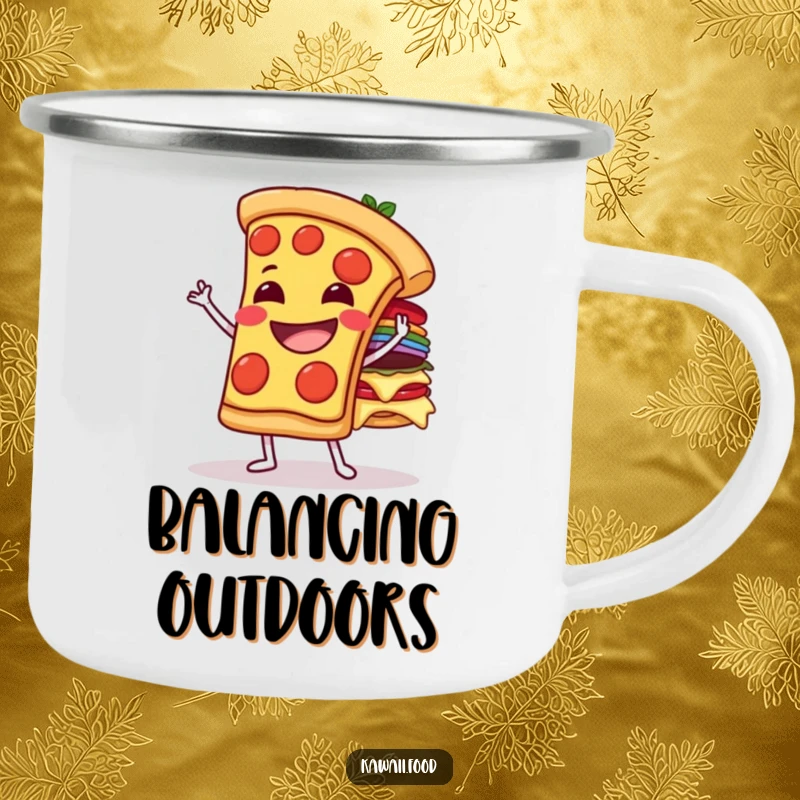 Funny grinning pizza slice character balancing toppings on a camping mug, perfect for outdoor enjoyment and delicious sips.