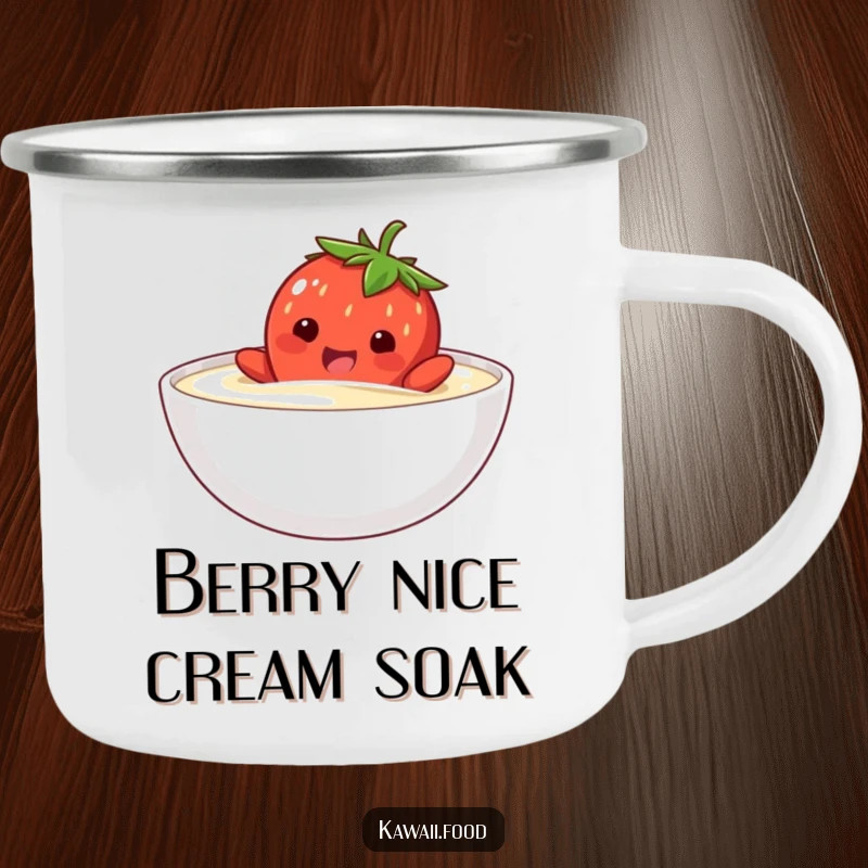 Funny camping mug with a happy strawberry character comically attempting to swim in a bowl of cream, great for sweet drinks.