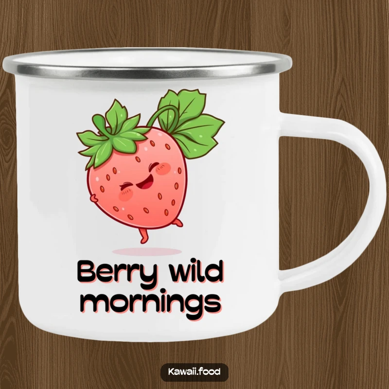 Funny Strawberry Camping Mug featuring a giggling strawberry character doing a cartwheel, its leaf stem adding a lively element to outdoor gear.