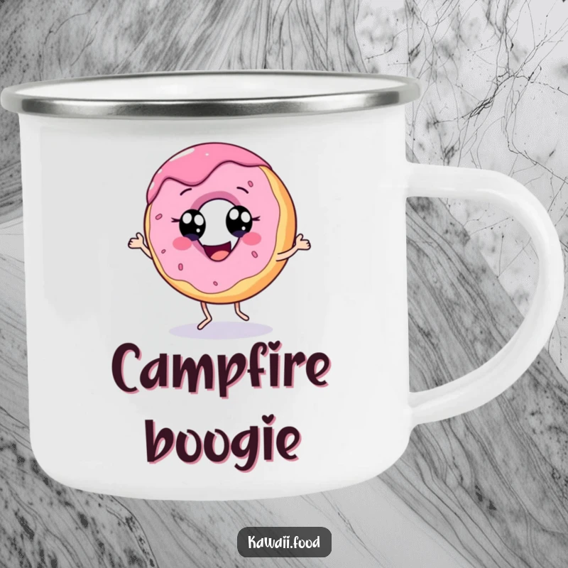 Funny camping mug featuring a cheerful donut character dancing, ready for outdoor fun and sweet beverages.