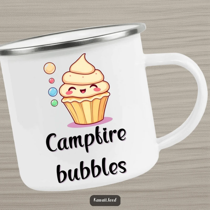 Funny camping mug featuring a delighted cupcake blowing colorful bubbles, ready for outdoor fun and sweet beverages.