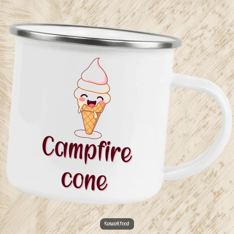 Funny camping mug featuring a giggling ice cream cone melting and reforming, ready for outdoor fun and sweet beverages.