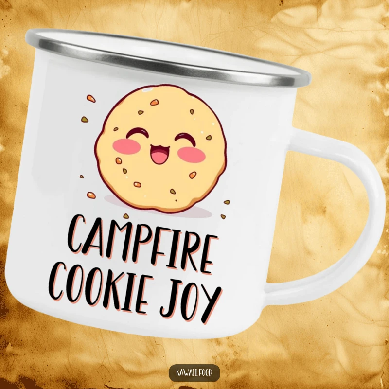 Funny Camping Mug: Durable cup with a cute blushing cookie and crumbs scattering in excitement, ideal for campers.