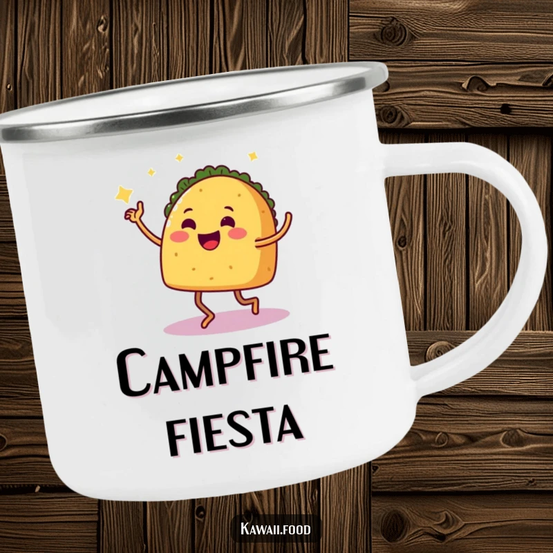 Funny Camping Mug: A smiling taco with legs dancing salsa, ideal for enjoying beverages outdoors with a humorous and festive twist.