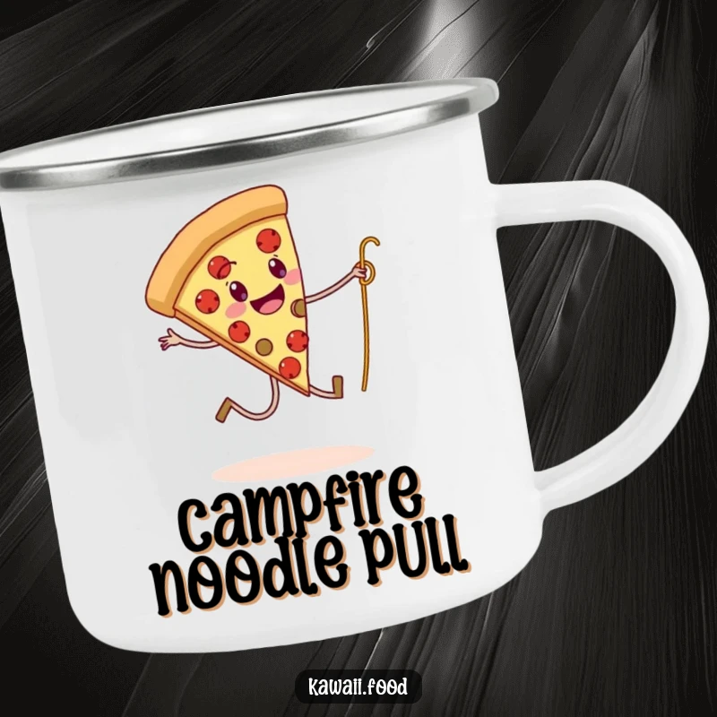 Funny enamel camping mug featuring a pizza slice with legs skipping rope with a spaghetti strand, perfect for outdoor enjoyment.
