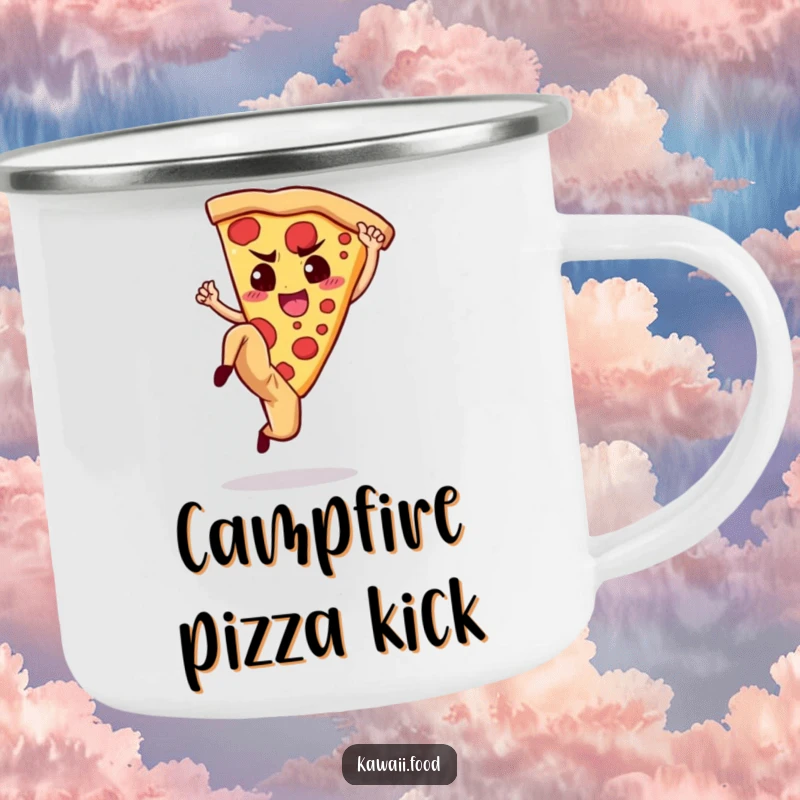 Funny Camping Mug: Durable cup with a determined pizza slice doing a high kick, ideal for outdoor activities.