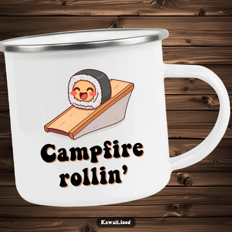 Funny camping mug depicting a smiling sushi roll sliding down a ramp, ideal for outdoor dining and fun.