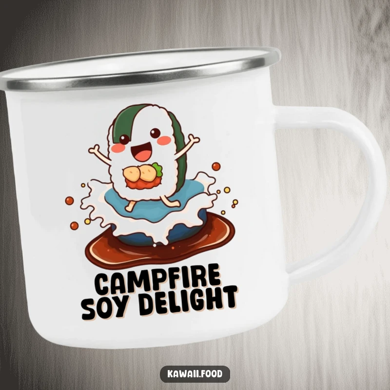 Funny enamel camping mug featuring a happy sushi roll with legs surfing a wave of soy sauce, perfect for outdoor enjoyment.